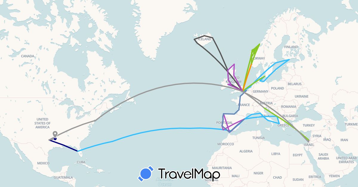 TravelMap itinerary: driving, plane, cycling, train, boat, hitchhiking, motorbike, electric vehicle in Belgium, Bermuda, Germany, Denmark, Spain, Finland, France, United Kingdom, Gibraltar, Greece, Croatia, Ireland, Israel, Iceland, Italy, Montenegro, Netherlands, Norway, Portugal, Sweden, United States (Asia, Europe, North America)